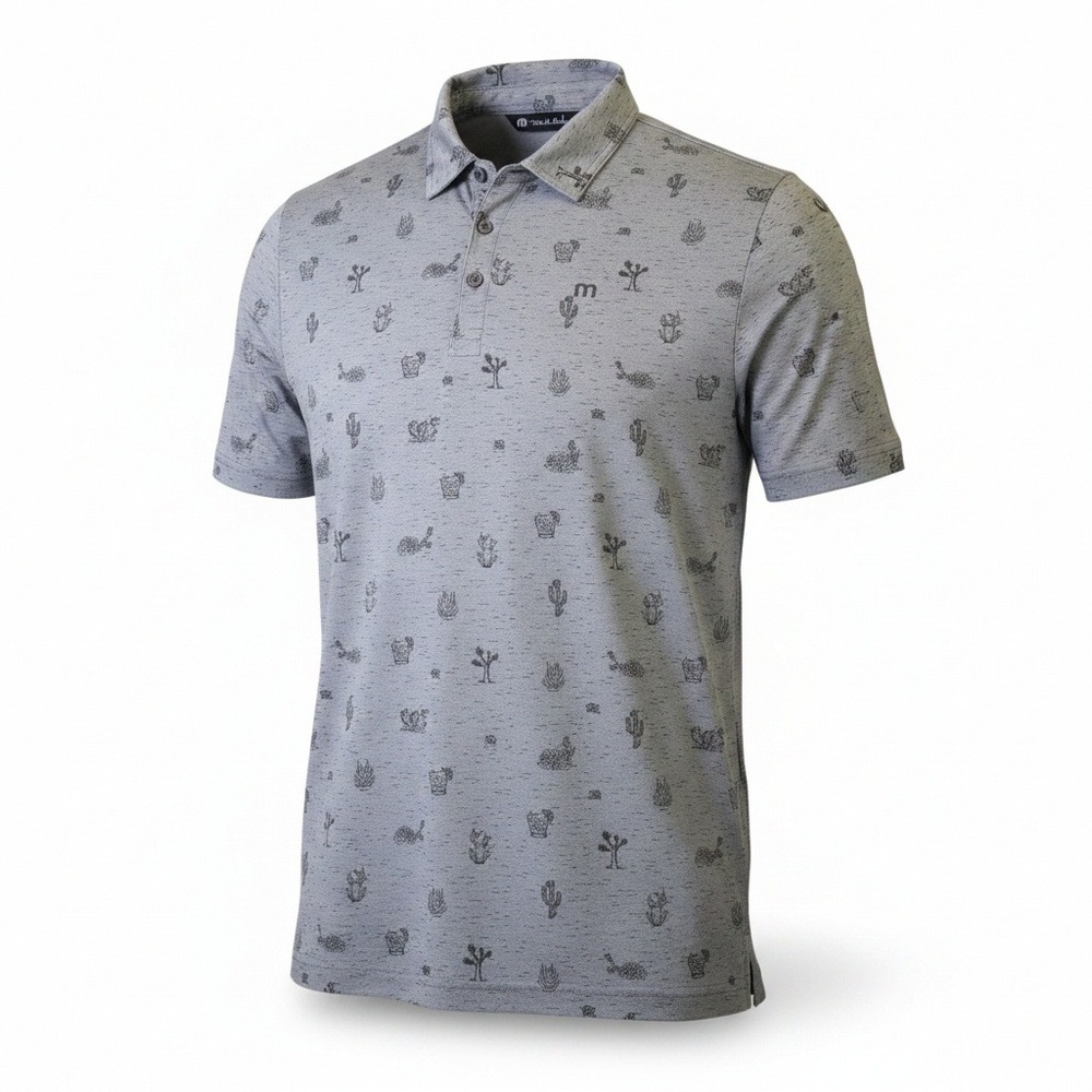 TravisMathew Mens Grey Desert Cactus Print Golf Polo Shirt XL Short Sleeve